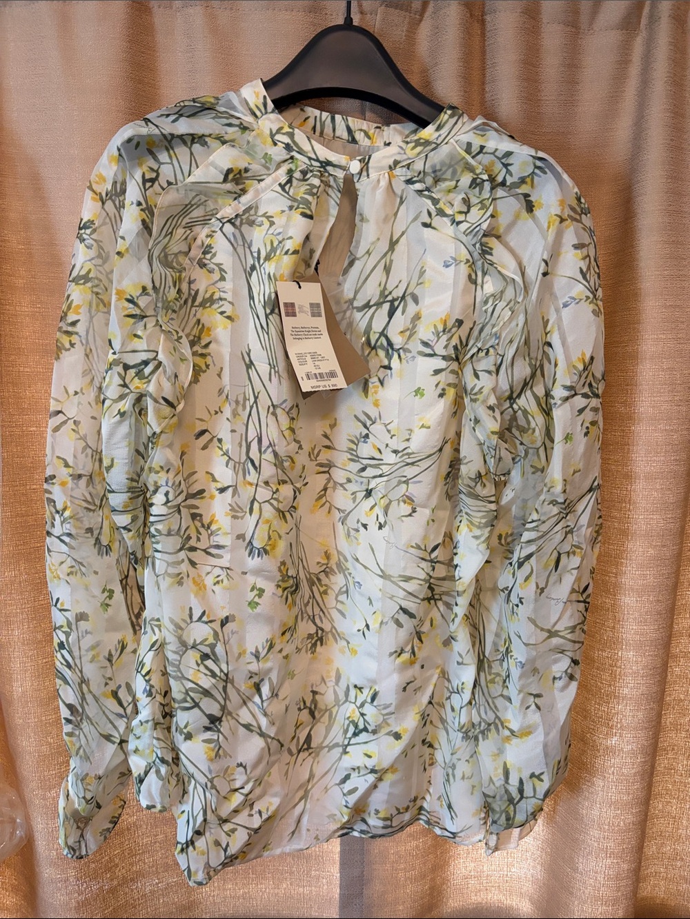 NWT Burberry Crake White Sheer Floral Blouse with Green & Yellow Print size 12